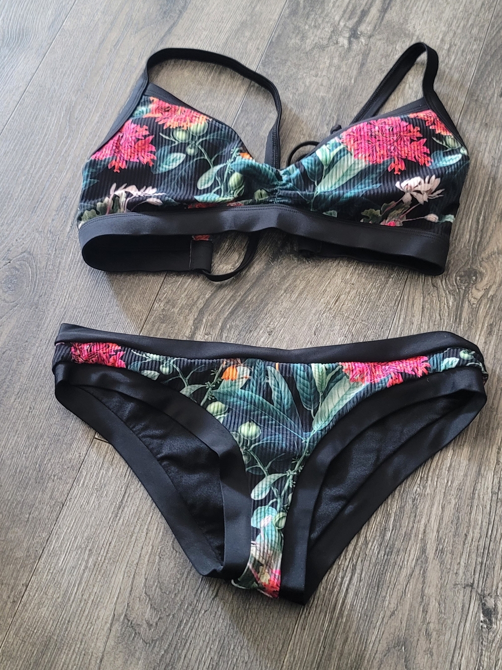 Body Glove Floral Wireless Bralette — Black with Pink & Green Floral